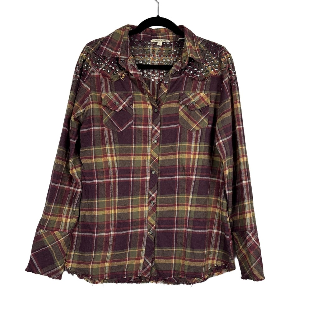 STETSON Shirt Womens Size L Plaid Western Stud Details Distressed Flannel